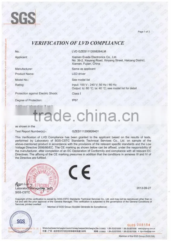 Waterproof LED Driver / Power Supply constant current with CE Certification
