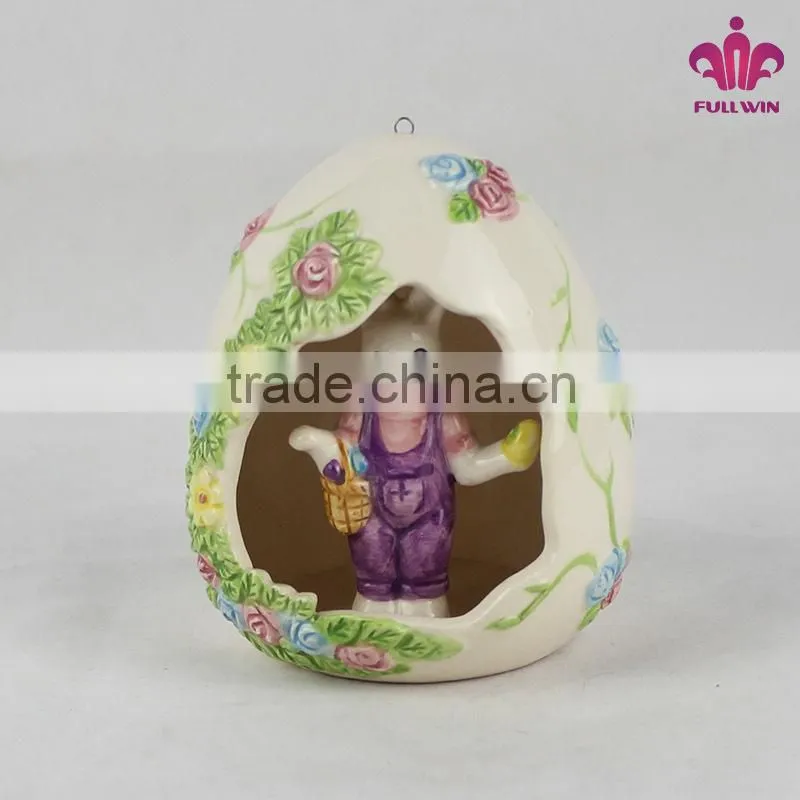 Ceramic Cute Egg House with Bunny for Easter Hanging Decoration