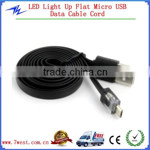 2014 New Products Flat Micro USB Data Charger Cable with LED light for HTC Nokia Samsung Galaxy s4/s5