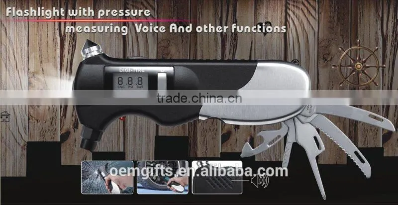 Multifunction LED Flashlihght Digital LCD Tire Gauge Car Tire Pressure Gauge With Emergency Tool