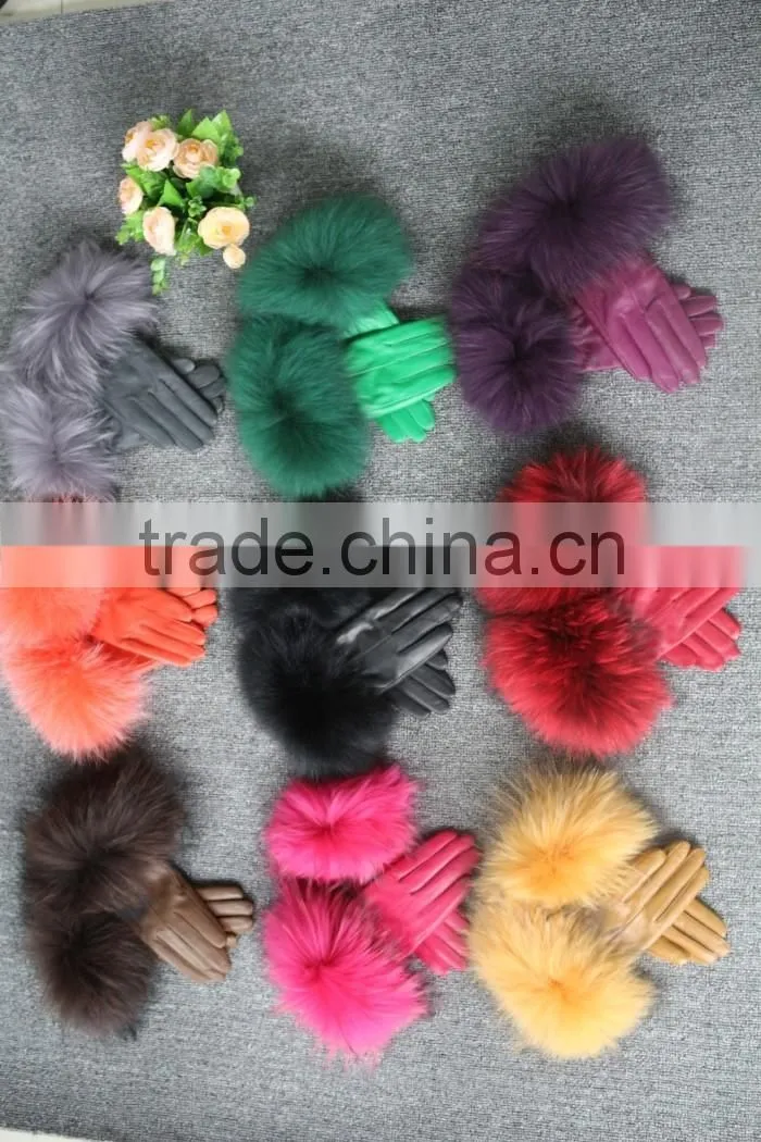 fashion sheep leather gloves women touchscreen raccoon fur cuff leather gloves