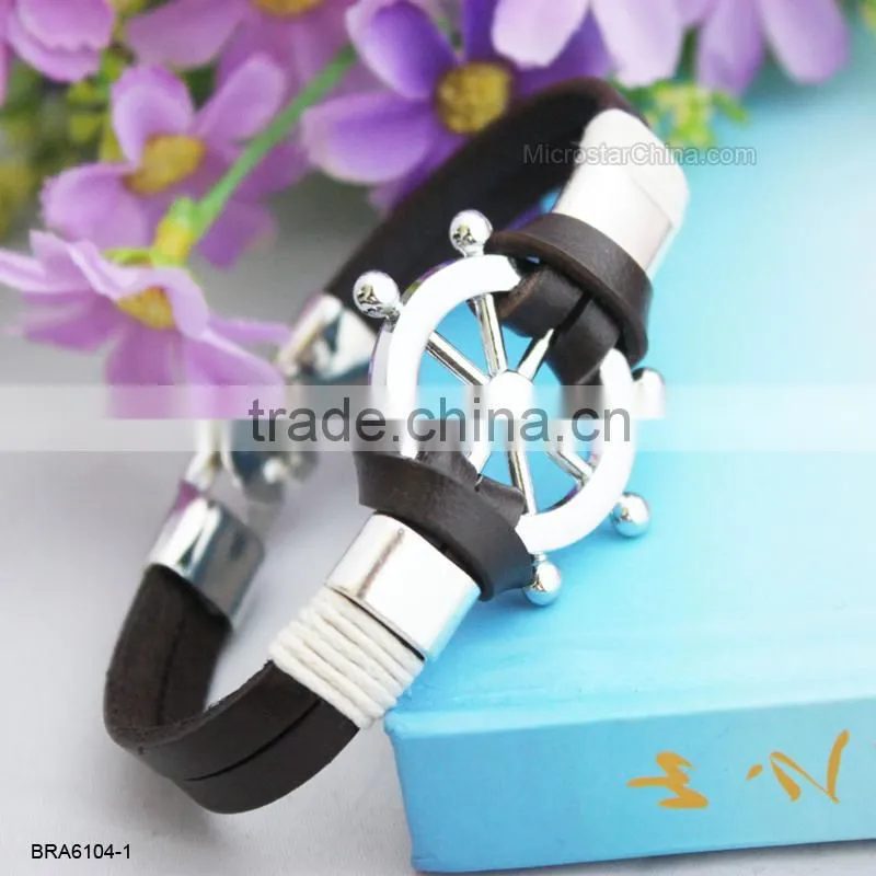 Fashion Black Leather Rudder Charm Bracelet