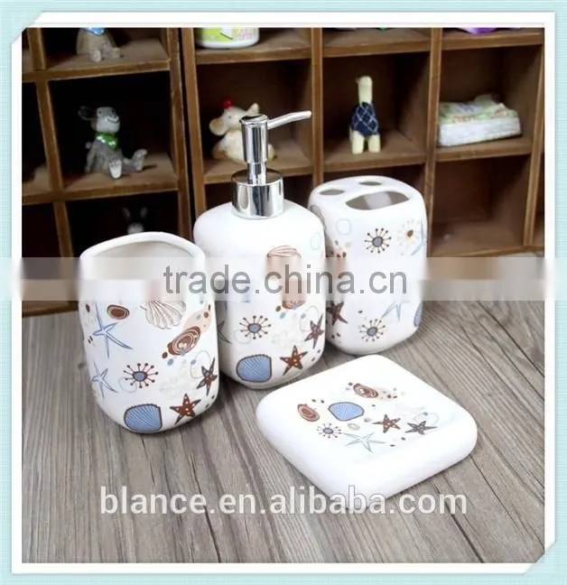 mediterranean style ceramic 4 pieces of bathroom accessories set with marine life design