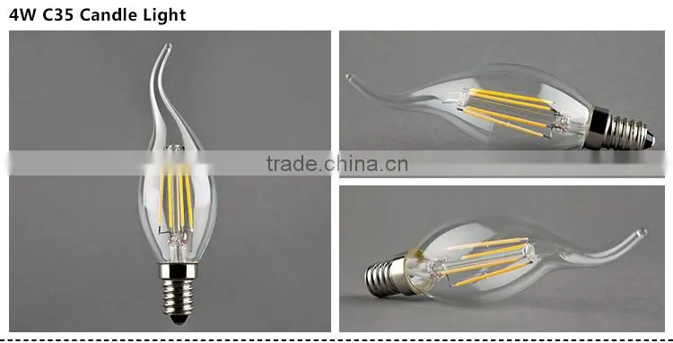 High luminous efficiency 100w/lm COB led filament bulbs C35 candle light with CE ROHS certificate