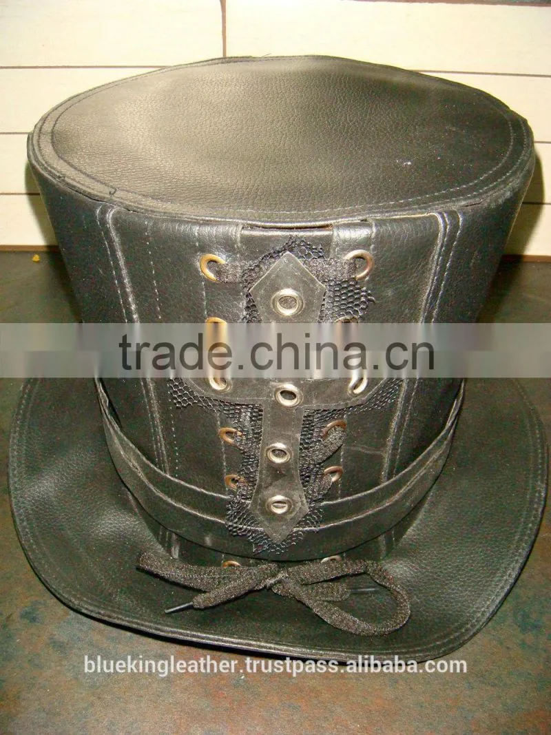 BLACK LEATHER STEAM-PUNK GOTHIC CORSET MEN'S & WOMEN' TOP HAT
