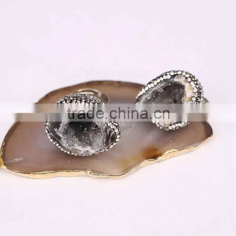 Natural Agate Geode Druzy Ring Whoesale Gemstone and Crystal Zircon Paved Rings