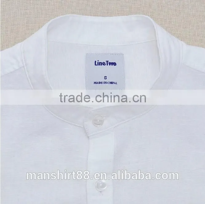 rolled sleeve mandarin collar hemp linen shirt for men