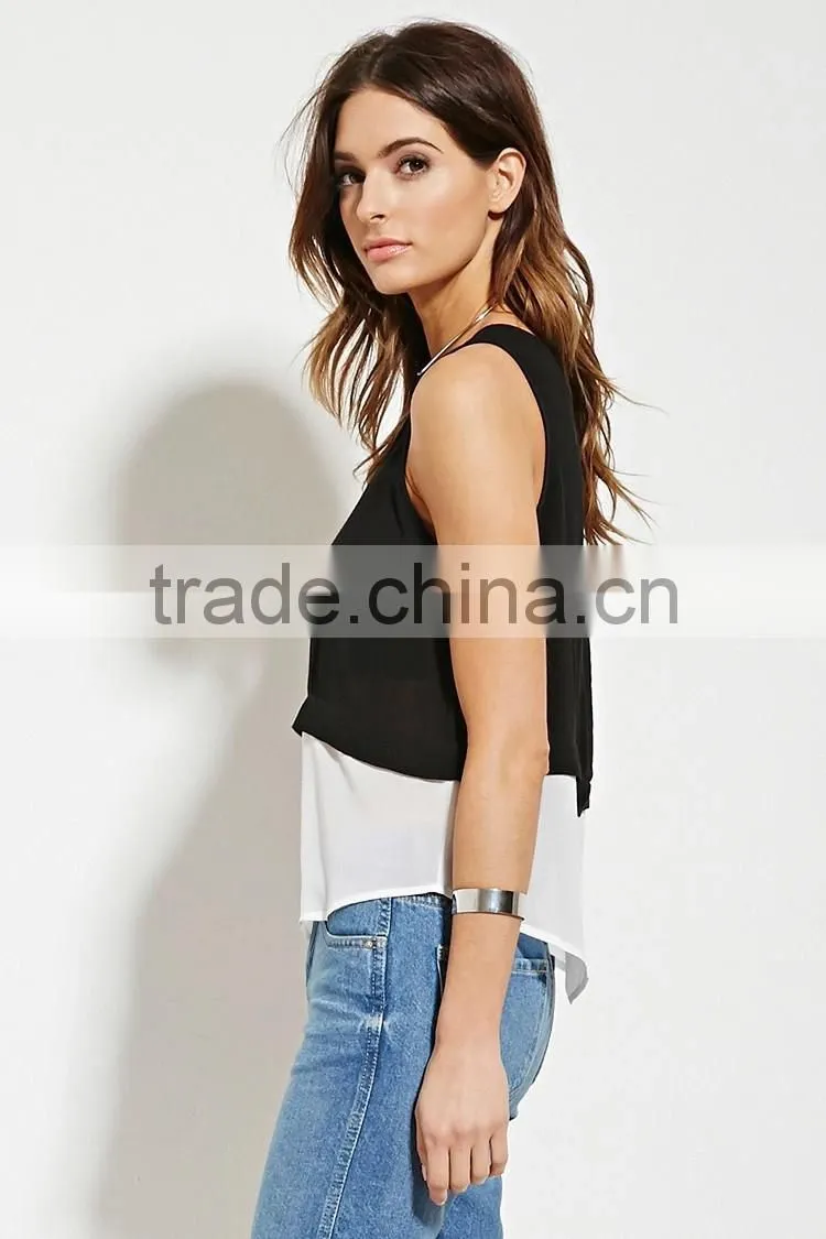 2016 guangzhou shandao oem service summer new design chiffon sleeveless fashion lady black and white tank top in bulk
