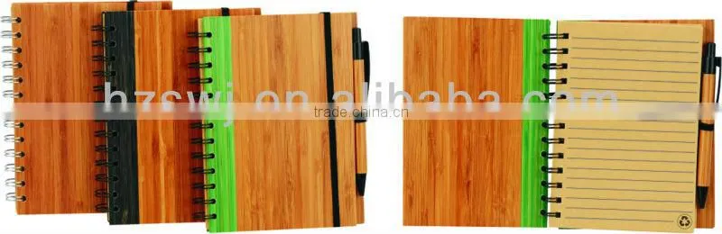 Wooden cover spiral notebook 70grams 70sheets 9*14cm with elasticity with recycle paper pen