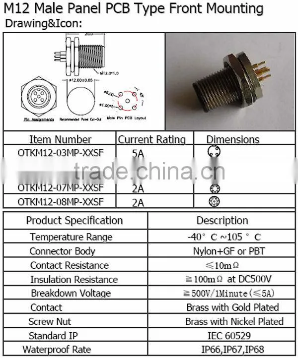 M12 Male panel PCB type front mounting Waterproof Connector