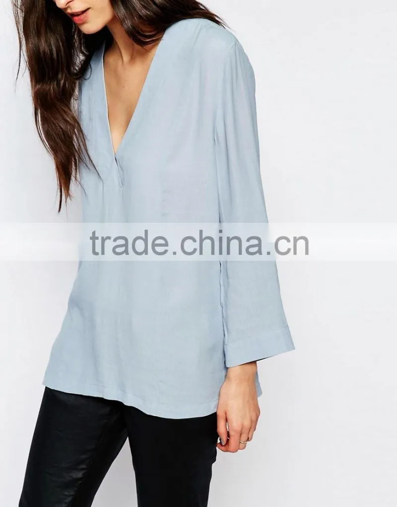 Blue colour lady chiffon blouse sexy v neck tops for women 2016 wholeale