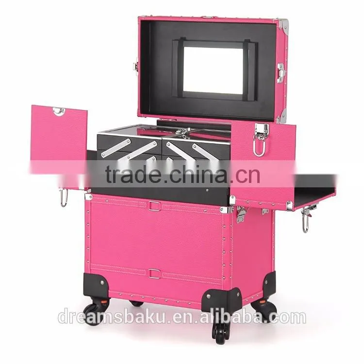 2016 Hot selling Pink color Functional professional Trolley case Makeup box cosmetic display Case