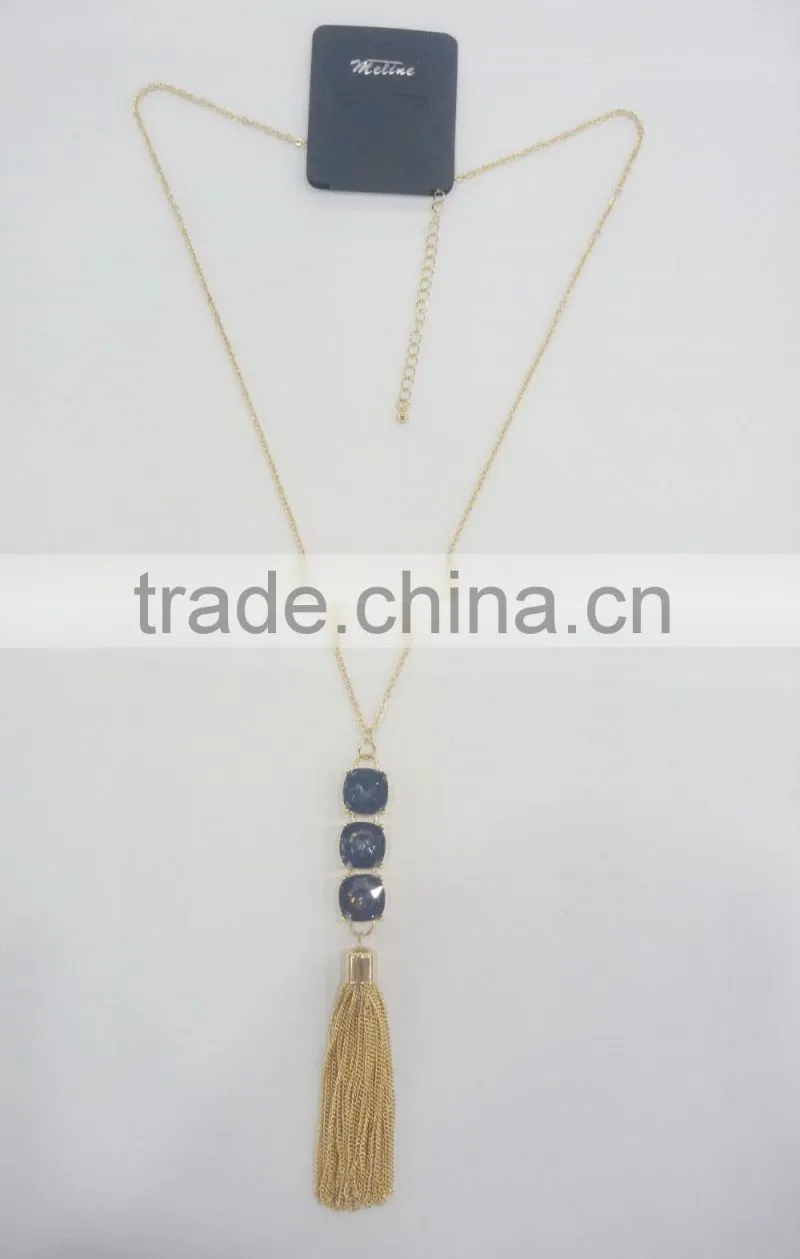 FASHION BIG GLASS STONE CHAIN TASSEL NECKLACE