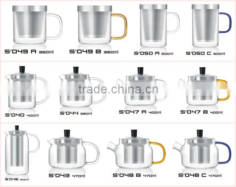 New Design! High Borosilicate Glass Teacups/Mugs with Stainless Steel Infuser/Strainer/Filter