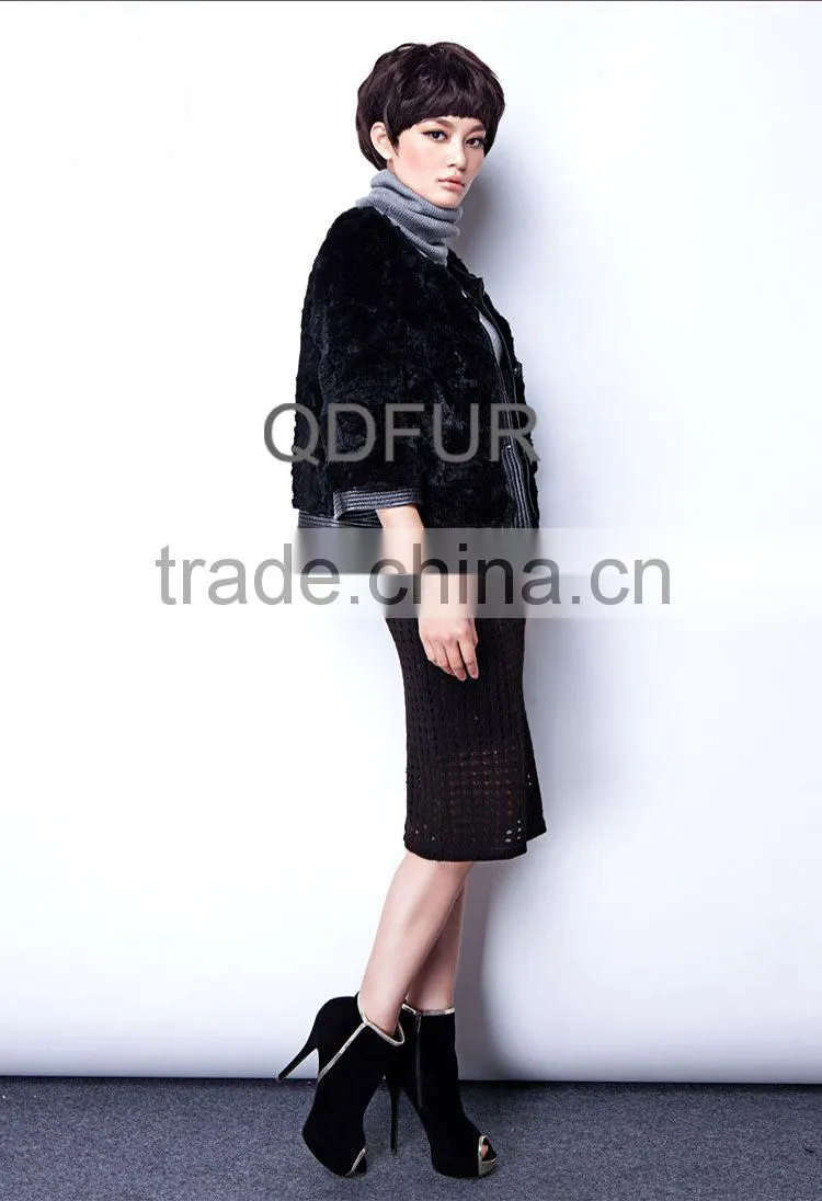 QD28321 Korea Style Rabbit Fur Jacket With Sheep Leather Trim