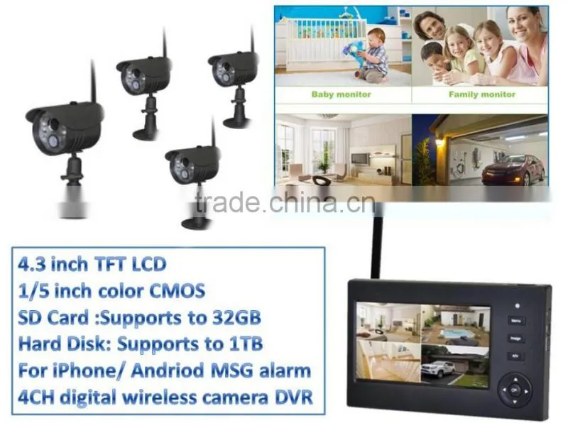4CH digital wireless home security cameras for iPhone/ Andriod MSG alarm