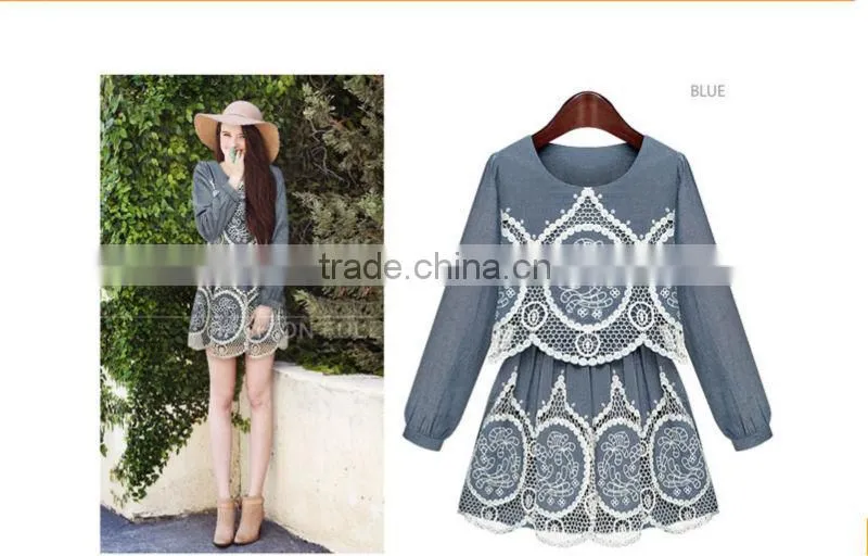 2015 fashion high quality New Arrival hot sale new ladies denim hollow out dress crochet lace pattern denim dress
