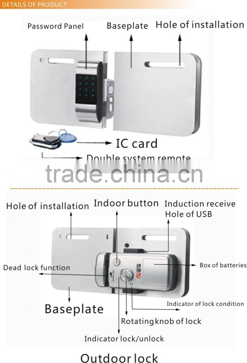 Smart electronic lock. wireless lock for glass door(Double door) (LY15CR2-11BM)