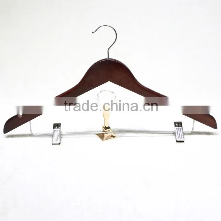 Adjustable wood clothing hanger with clips for dress/suit