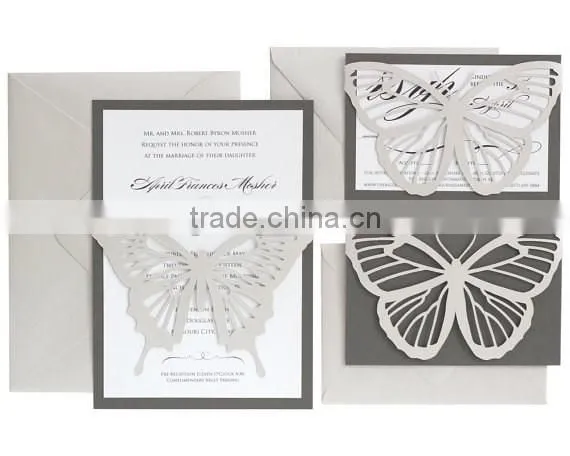 Butterfly Wedding Invitations - shimmer silver, slate gray, black and white, neutral, pearl shimmer, laser cut invitations