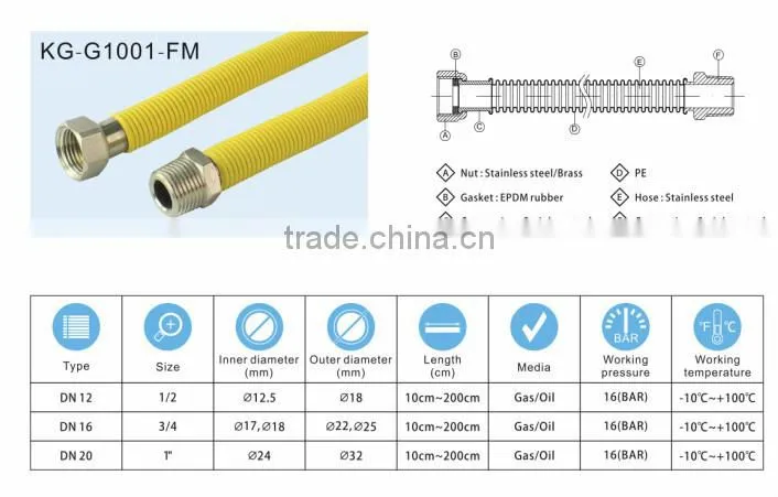 DN16 yellow flexible gas hose