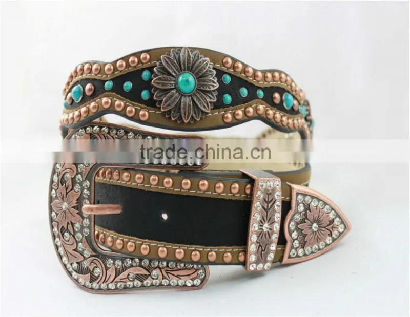 2016 Best Seller Scallop Western Rhinestone Leather Belt With Turquoise Concho