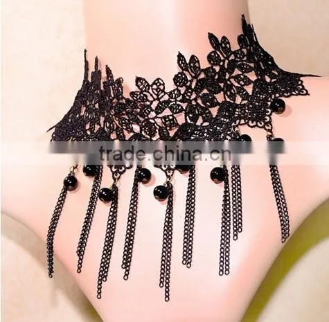 Black Lace Handmade Chain Tassel Choker Goth Victorian Vampire Necklace Pendant