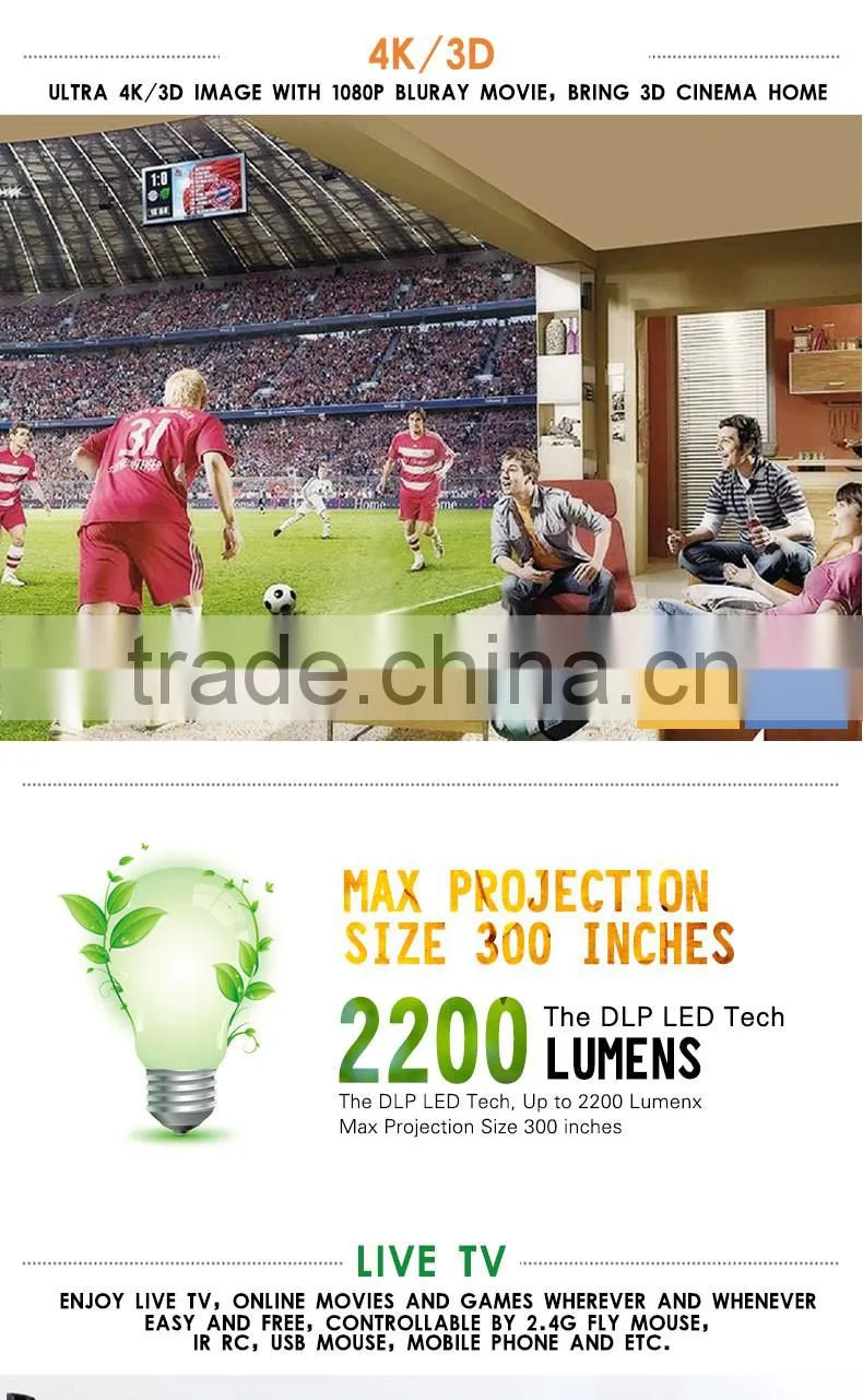 Android4.4 OS Ultra Quad Core DLP 3D Projector 1080P Infocus Projector