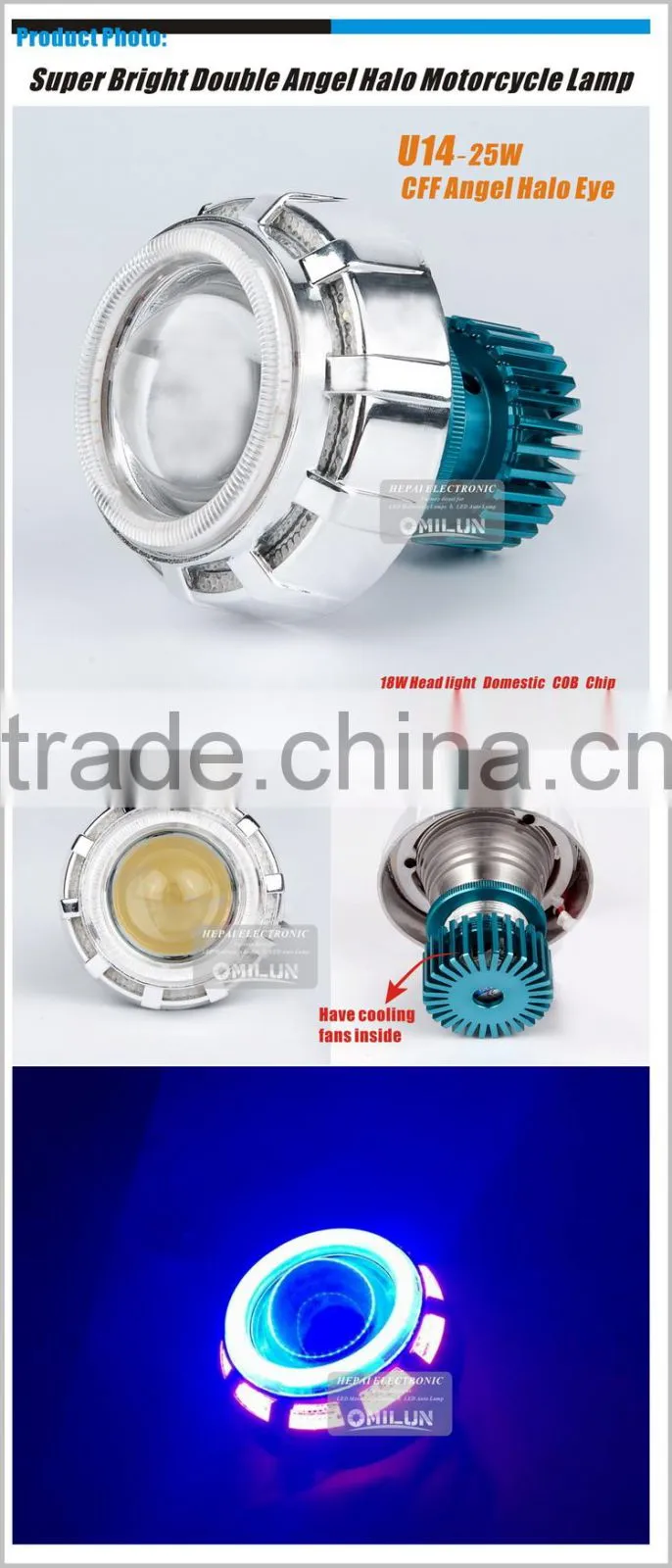 Wholesale item U14 12-80V 25W LED motorcycle headlight with CFF Angel Halo Ring