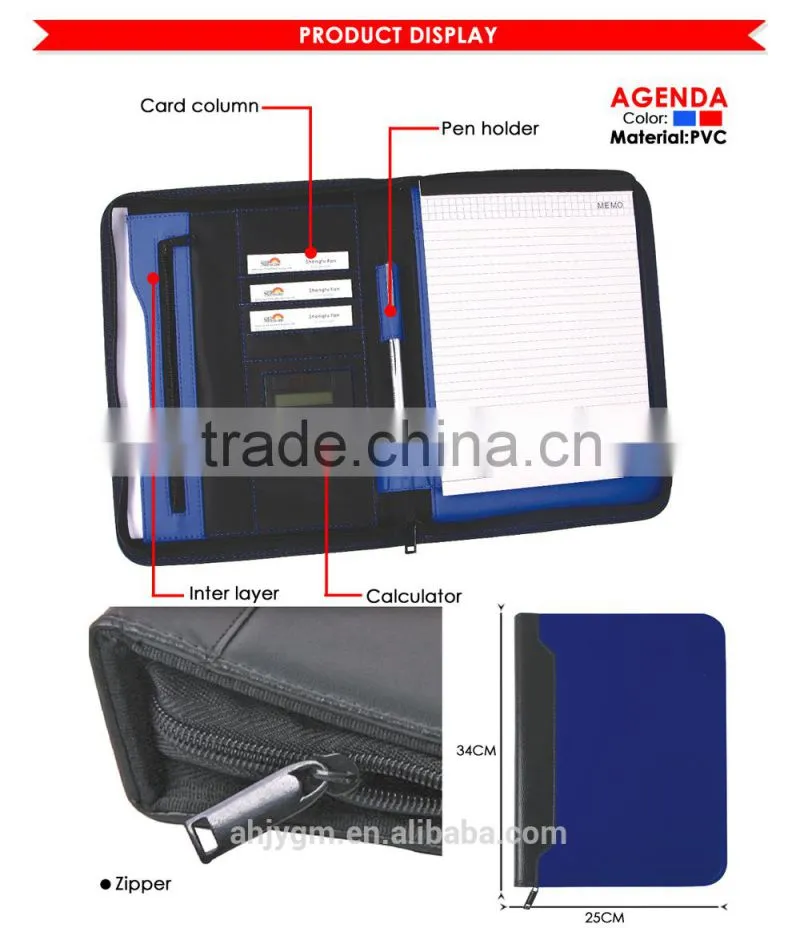 Popular 34*25cm Red / Blue Color PVC Agenda/Notebook.
