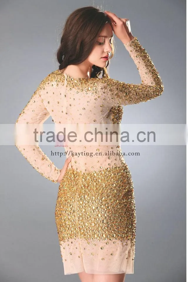 Stunning sexy heavy beaded long sleeve knee length round neck elegant yellow gold bridesmaid dresses