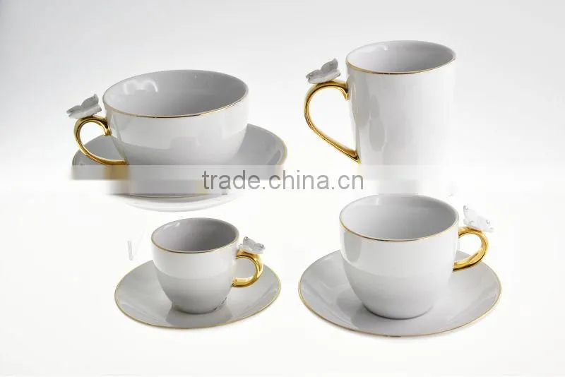 High Quality Porcelain Butterfly Medium Size Tea Mug Set With Gold Color Handle with Crystals