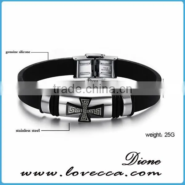 Charm Rubber Silicone Chain Gold Cross wristband bracelet for mens with stainless steel buckle
