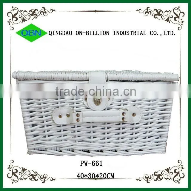 Mini white wicker 100% hand woven willow picnic basket for 2 person