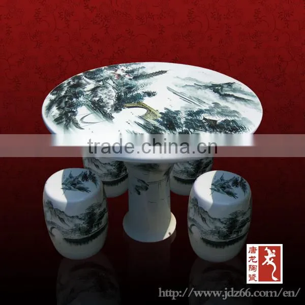 Blue and white pocelain outdoor garden table and stool