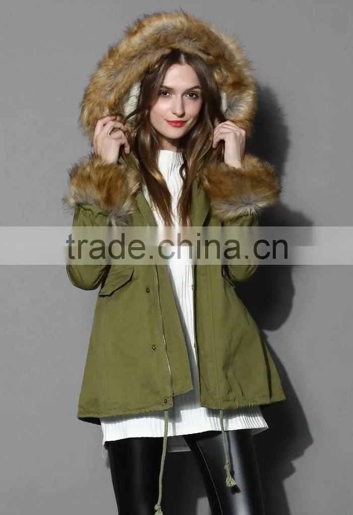 Detachable Faux Fur Jacket with fur collar fur sleeve ,women Army green Jacket coat