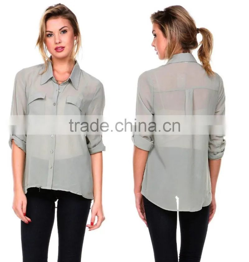 Latest Women Long Sleeve Loose Chiffon Casual Tops Button Down Shirt Ladies Blouse