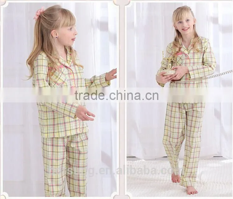 2015 top fashion 100% cotton home Lattice sleepwear spring summer long sleeve Turn-down Collar kids pajamas