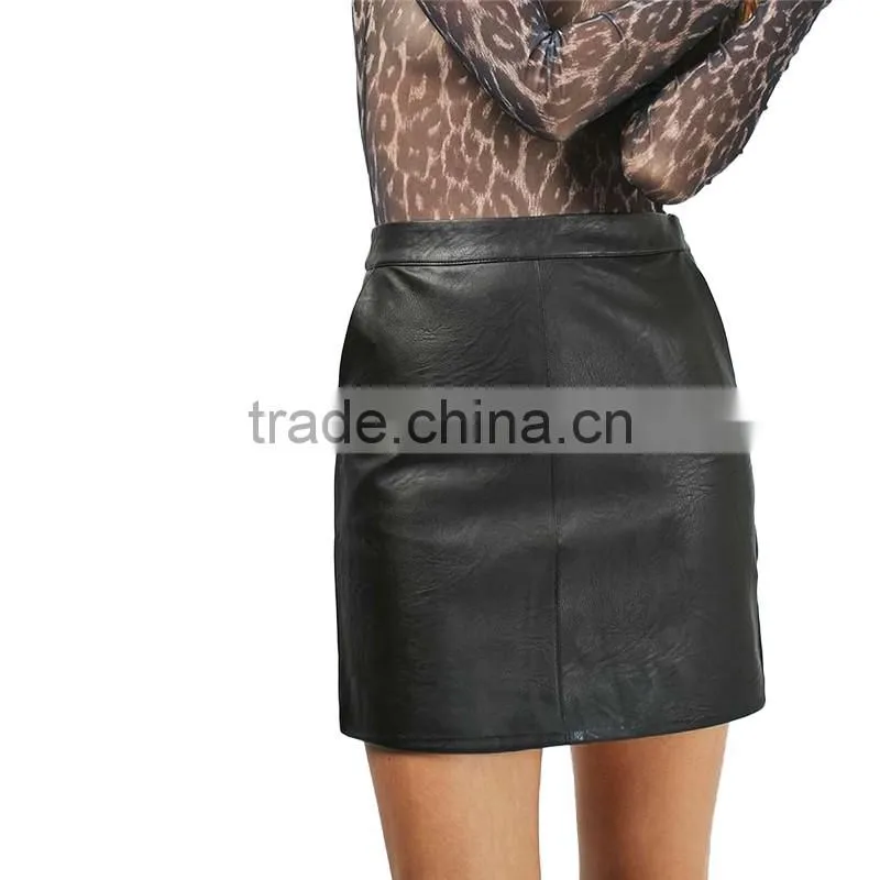 2017 OEM Cool Petite Black Leather Pencil Skirt with Side Pockets