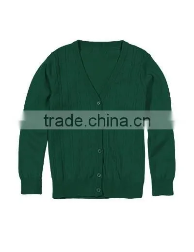 Latest! High Quality Bright Blue Button Through V-Neck Girls Long Sweater with Ribbed Trim