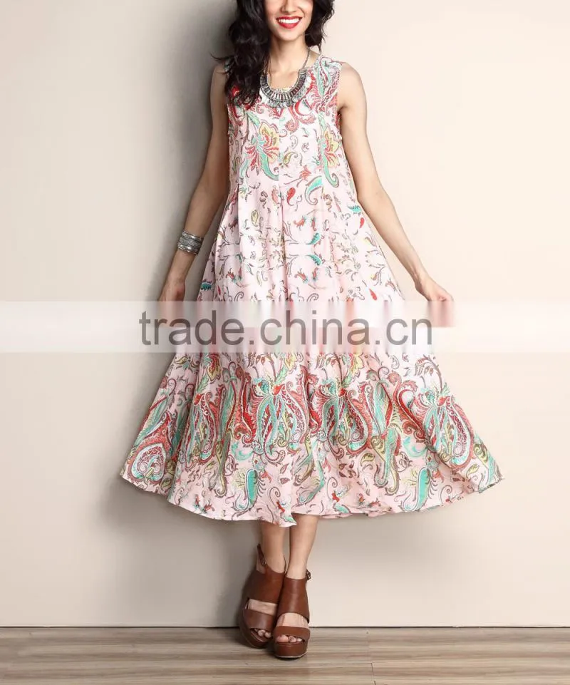 New Arrivals Women Dresses Light Pink Paisley Chiffon A-Line Midi Dress Women Floral Dress Women Clothes GD90426-16
