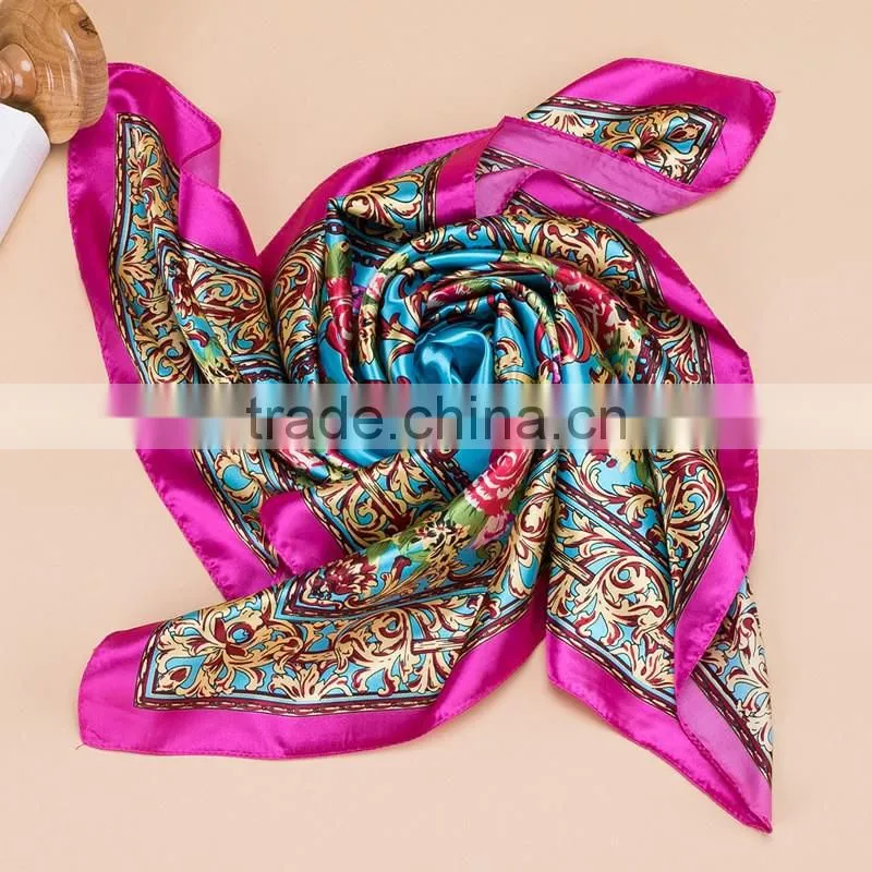 2017 Fashion Lady's Custom Digital Print Silk Satin Square Lady Scarf 90*90