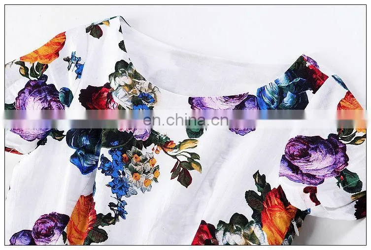 Ladies high quality short sleeve trendy dress with gathtering waist pretty print dress fashion