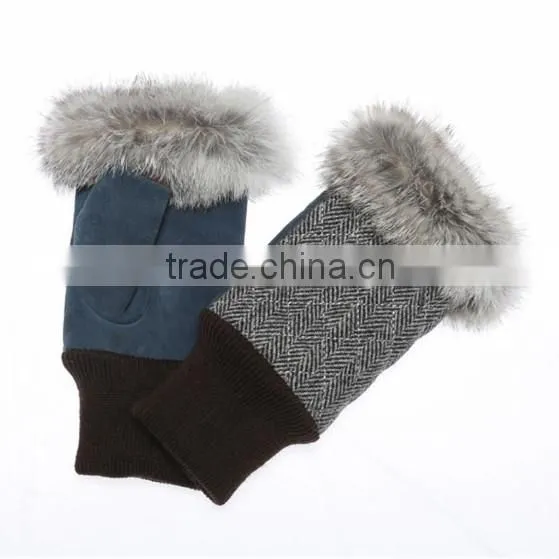 women's fashion fingless suede leather gloves with rabbit fur