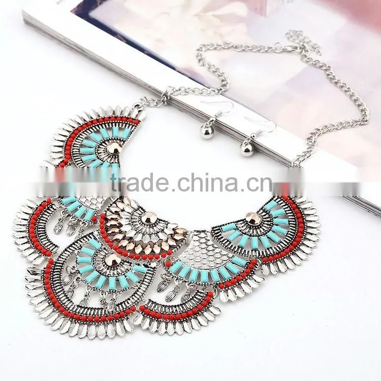 2016 Hot Sale Personality Silver Plated Geometric Pendant Multilayer Tassel Big Jewelry Set