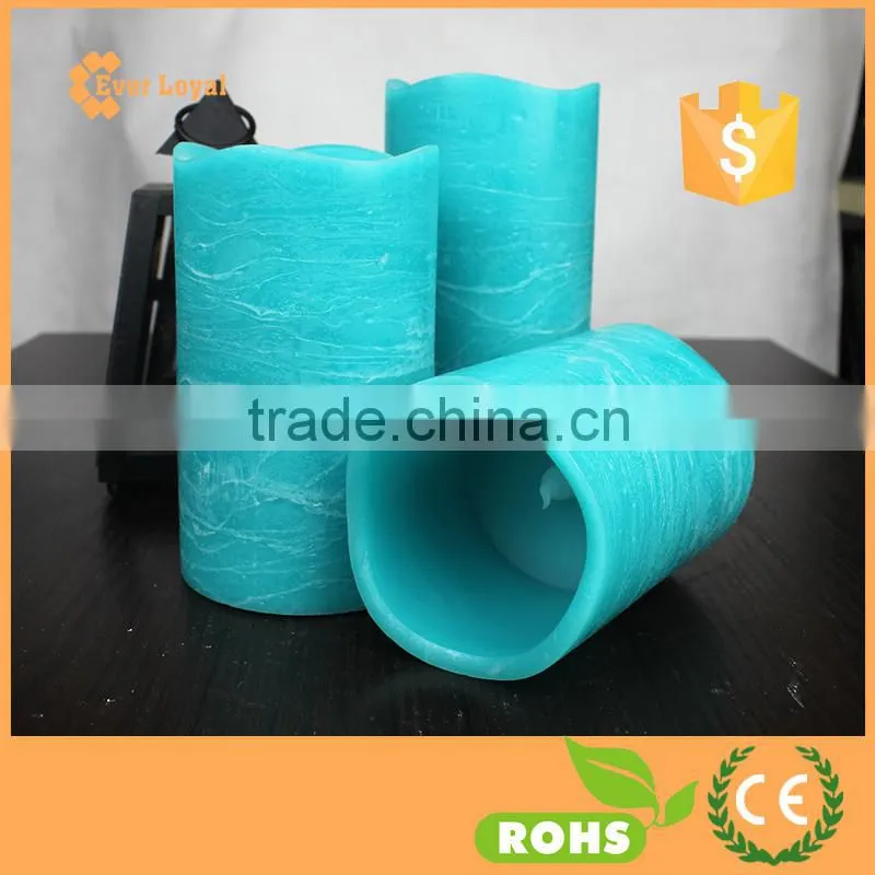 Flickering Flame LED Wax Candles Light Rustic Pillar Candle Set With Special Peacock Blue