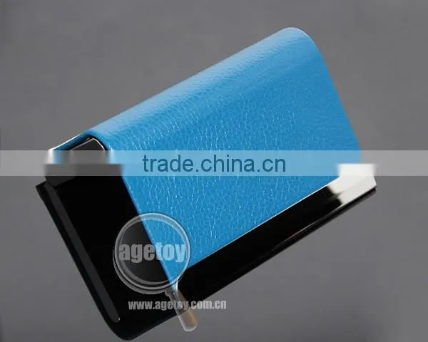 High Quality Box Packing Lichee Pattern Blue Leather Flannelette Lining Stainless Steel Metal Novelty Leather Credit Card Holder