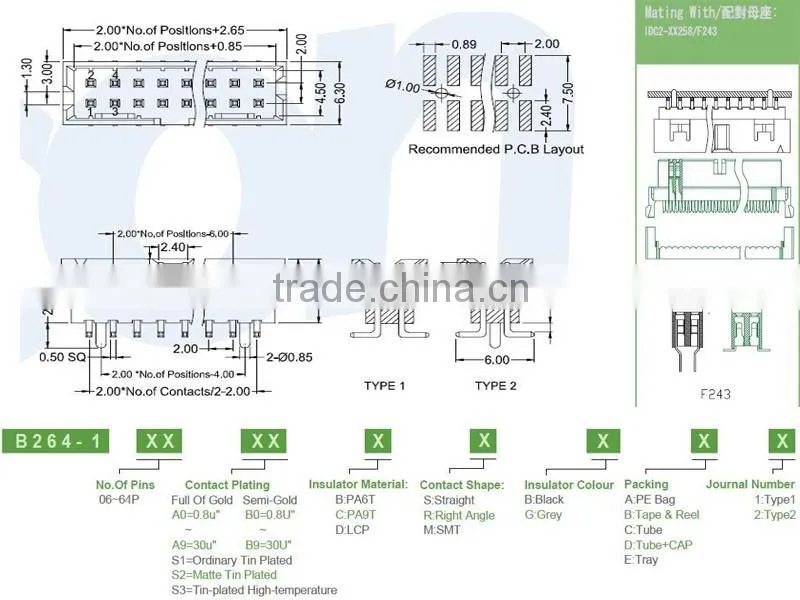 Dongguan supplier 2.0mm pitch Molex SMT / SMD box header
