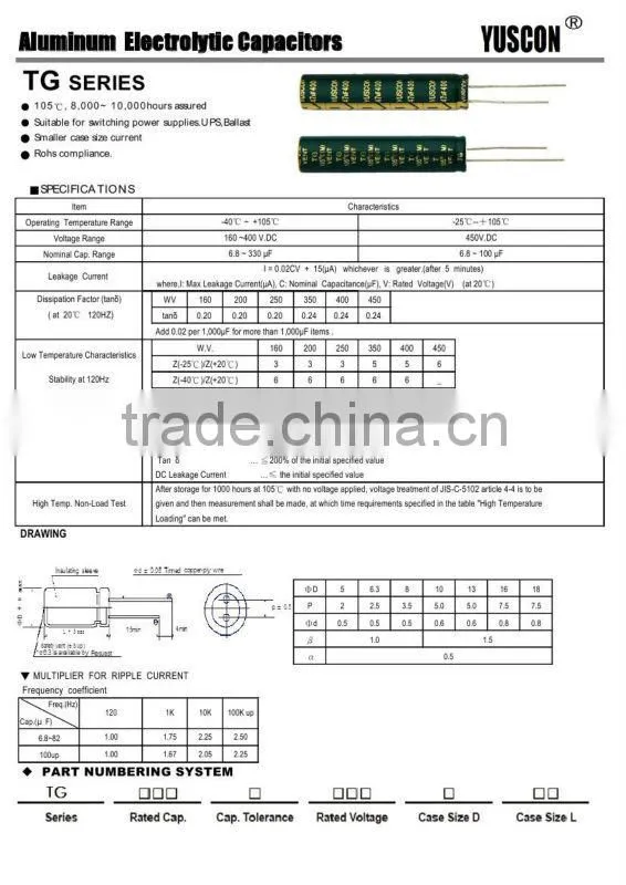 10000hours 105'C Aluminum Electrolytic Capacitor 22uF 400V