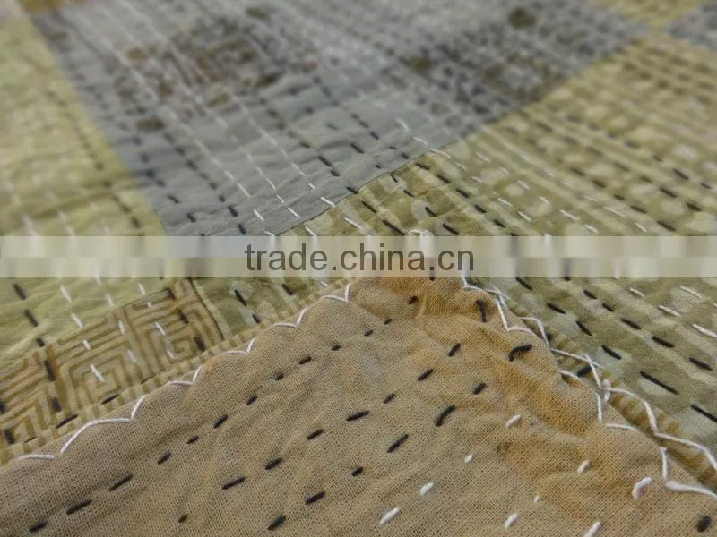 Queen Size Hand Block Print Patchwork Kantha Quilt, Cotton Bedspread